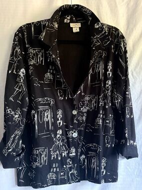 Black linen jacket with retro white screen printed whimsical design